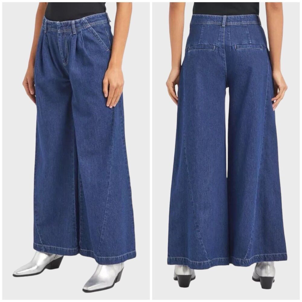 New We The Free People Equinox Denim Trousers Jeans Wide Leg RITUAL BLUE Size 28